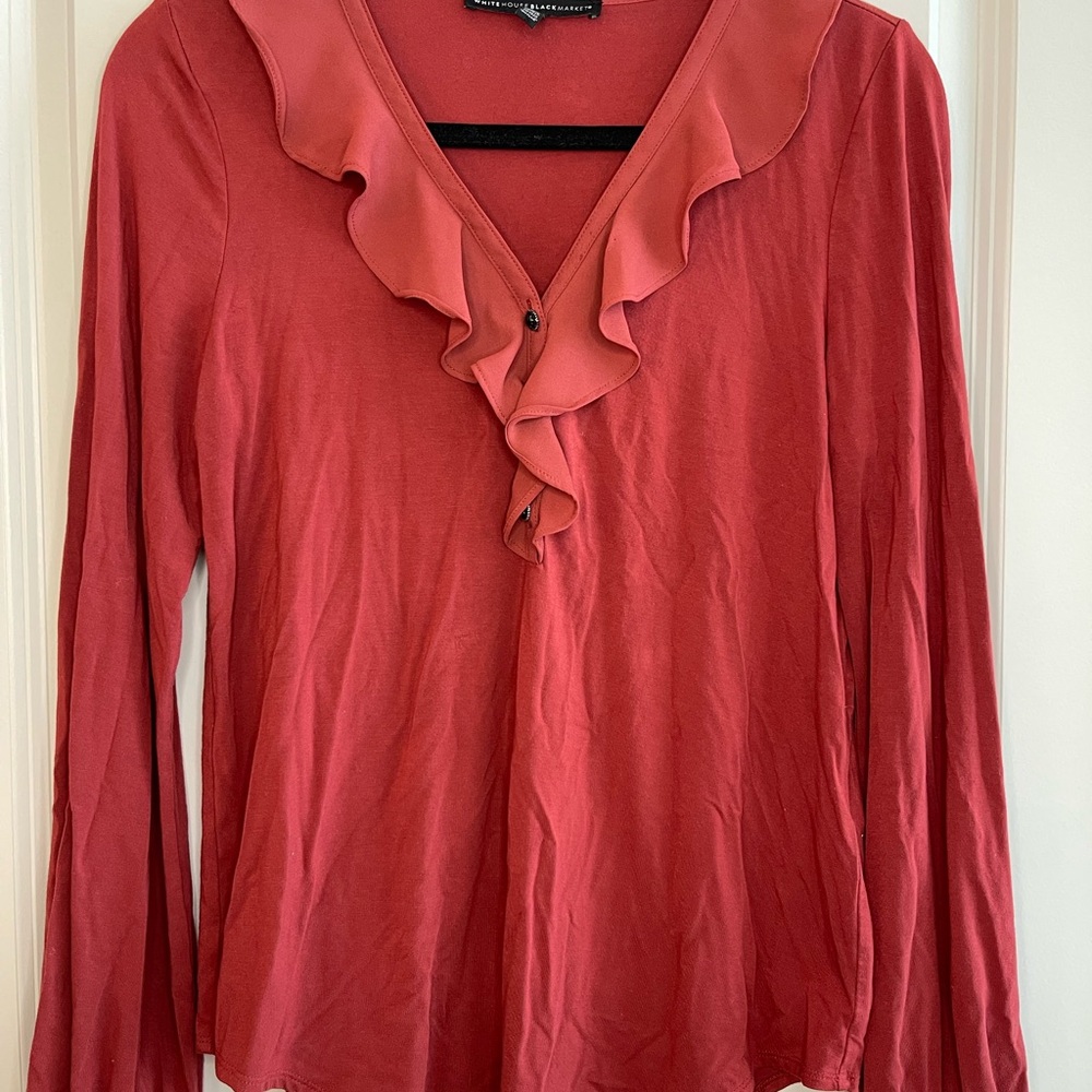 White House Black Market – Ruffle V-Neck Blouse –Long Sleeve – Size S